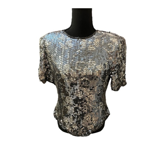 Vintage Scala Sequined Silk Top Scalloped Silver Small Petite Large - Picture 1 of 6